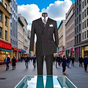 VINCI MENS 2 PIECE DOUBLE BREASTED PINSTRIPE SUIT W/ ADJUSTABLE WAISTBAND F-DSS